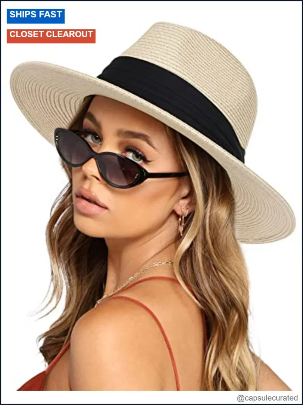 Wide Brim Straw Panama Fedora Summer Beach Sun Hat with Chin Strap